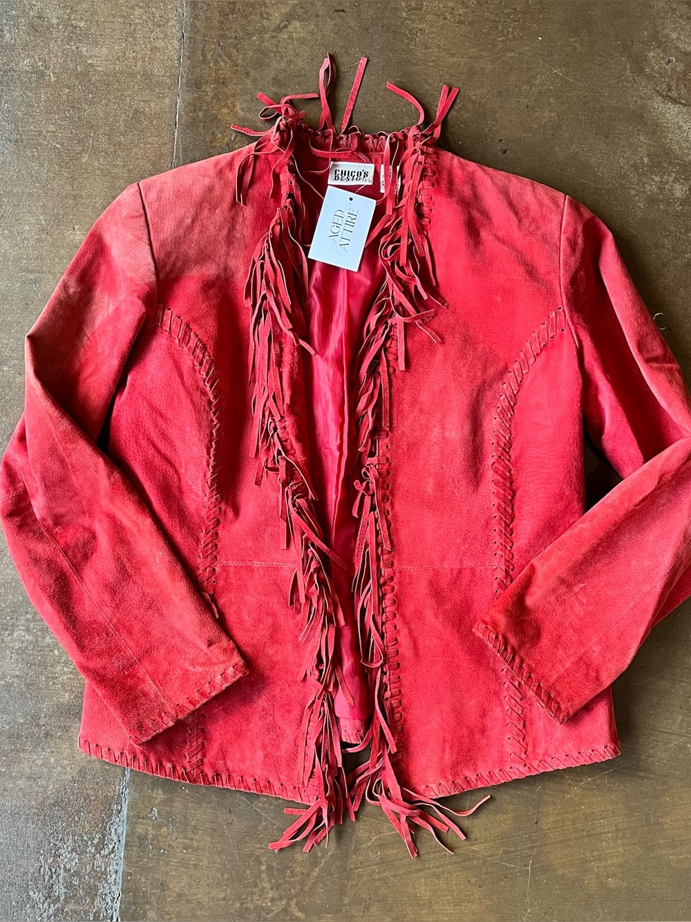 Chicos Design Vintage 90s Red Suede Leather Whipstitch Fringe Jacket Western M